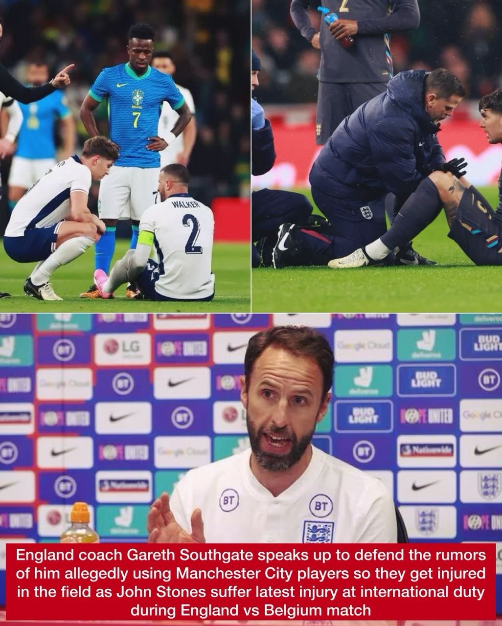 England coach Gareth Southgate speaks up to defend the rumors of him allegedly using Manchester City players so they got injured in the field as John Stones suffer an injury at international duty during England vs Belgium match