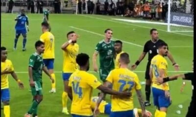 Cristiano Ronaldo shows his anger towards fans after fans threw water balloons on the face of teammates