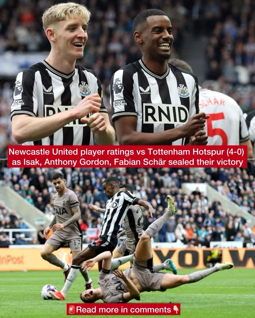 Newcastle United player ratings vs Tottenham Hotspur (4-0) as Isak, Anthony Gordon, Fabian Schär sealed their victory