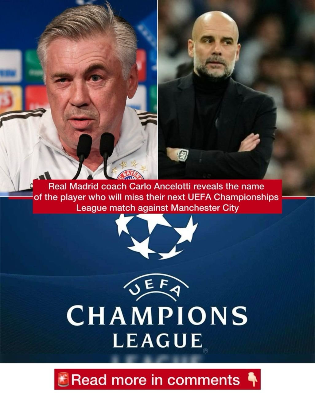 Real Madrid coach Carlo Ancelotti reveals the Madrid name of the player who will miss their next UEFA Championships League match against Manchester City