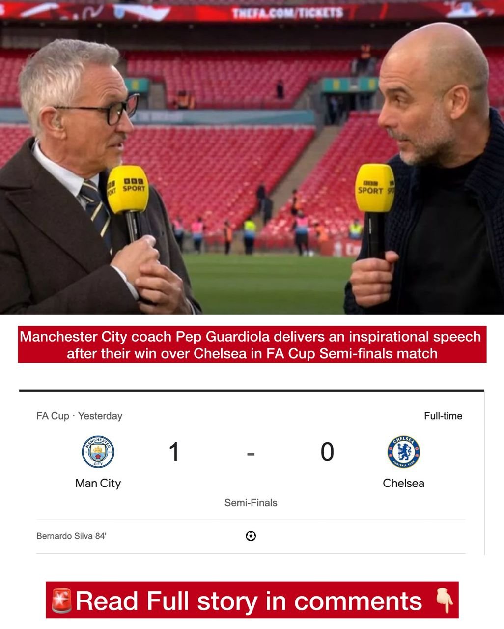 Manchester City coach Pep Guardiola delivers an inspirational speech after their win over Chelsea in FA Cup Semi-finals match