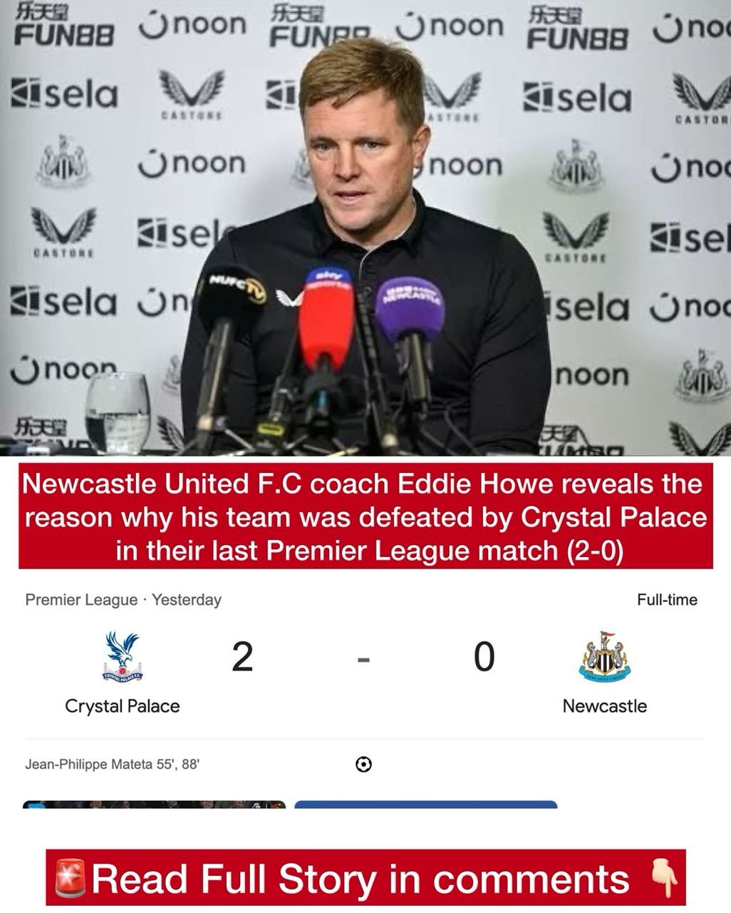 Newcastle United F.C coach Eddie Howe reveals the reason why his team was defeated by Crystal Palace in their last Premier League match (2-0)