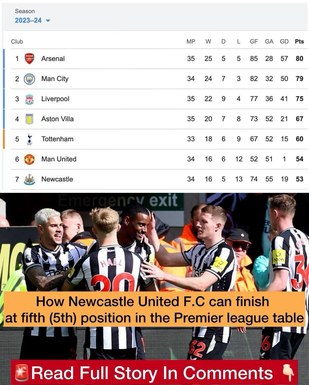 How Newcastle United F.C can finish at fifth (5th) position in the Premier league table