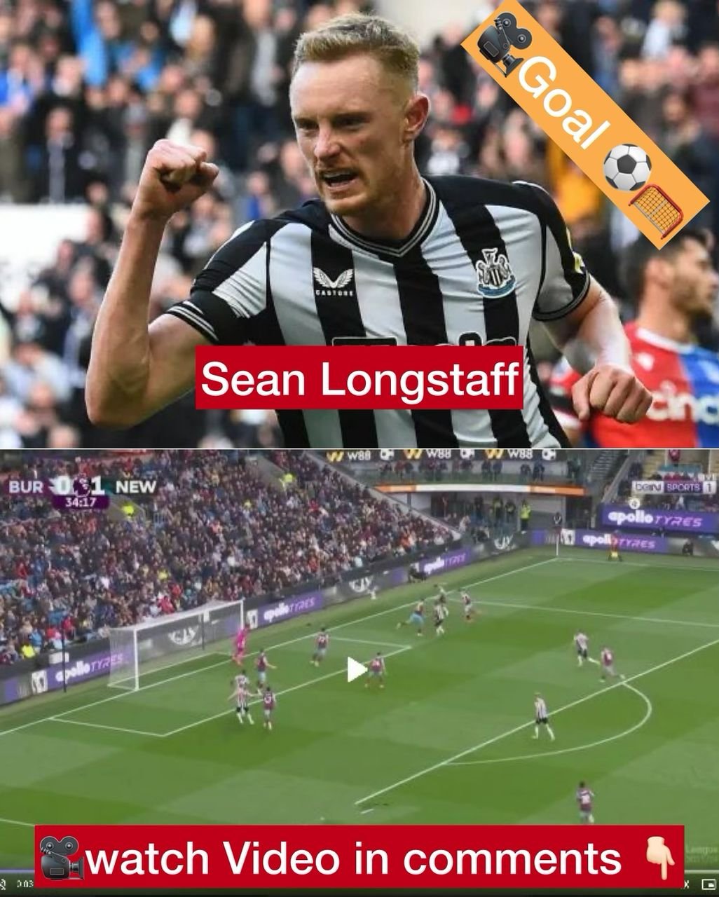 Burnley 0 - 2 Newcastle United F.C - Sean Longstaff scores with a shot (35 minutes)