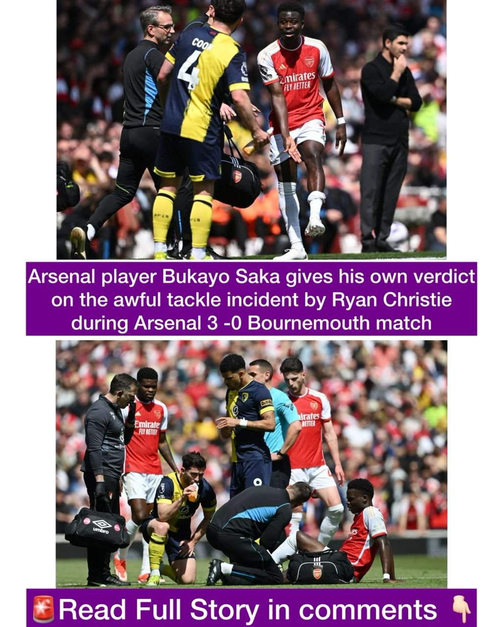 Arsenal player Bukayo Saka gives his own verdict on the awful tackle incident by Ryan Christie during Arsenal 3 -0 Bournemouth match