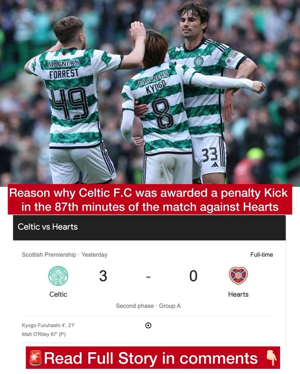 Reason why Celtic F.C was awarded a penalty Kick in the 87th minutes of the match against Hearts