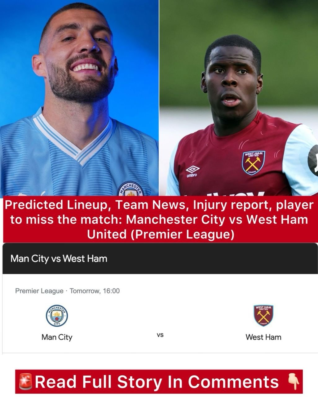 Predicted Lineup, Team News, Injury report, player to miss the match: Manchester City vs West Ham United (Premier League)