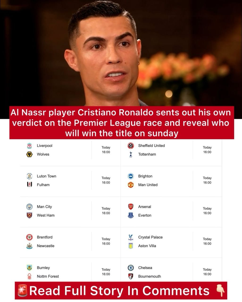 Al Nassr player Cristiano Ronaldo sents out his own verdict on the Premier League race and reveal who will win the title on sunday