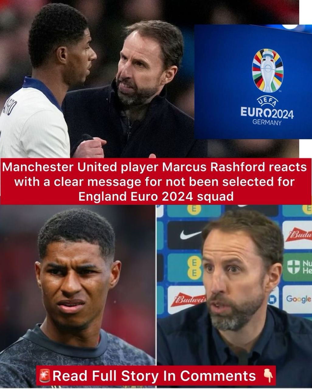 Manchester United player Marcus Rashford reacts with a clear message for not been selected for England Euro 2024 squad