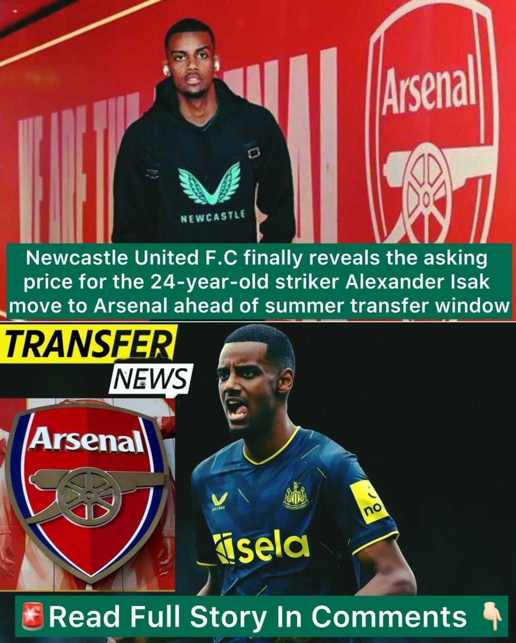 Newcastle United F.C finally reveals the asking price for the 24-year-old striker Alexander Isak move to Arsenal ahead of summer transfer window