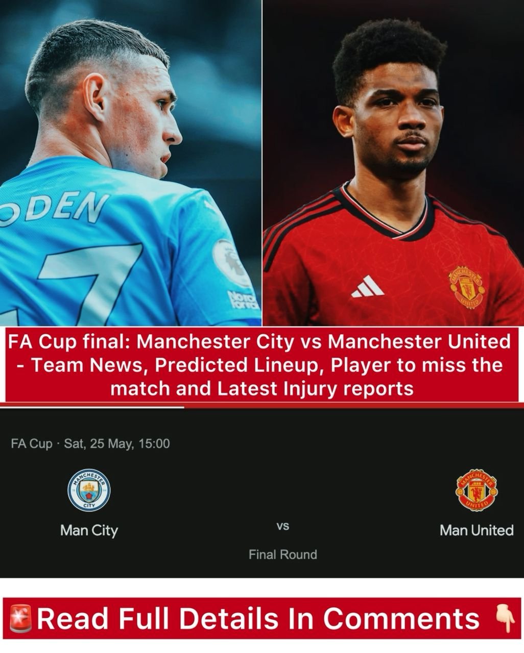 FA Cup final: Manchester City vs Manchester United - Team News, Predicted Lineup, Player to miss the match and Latest Injury reports