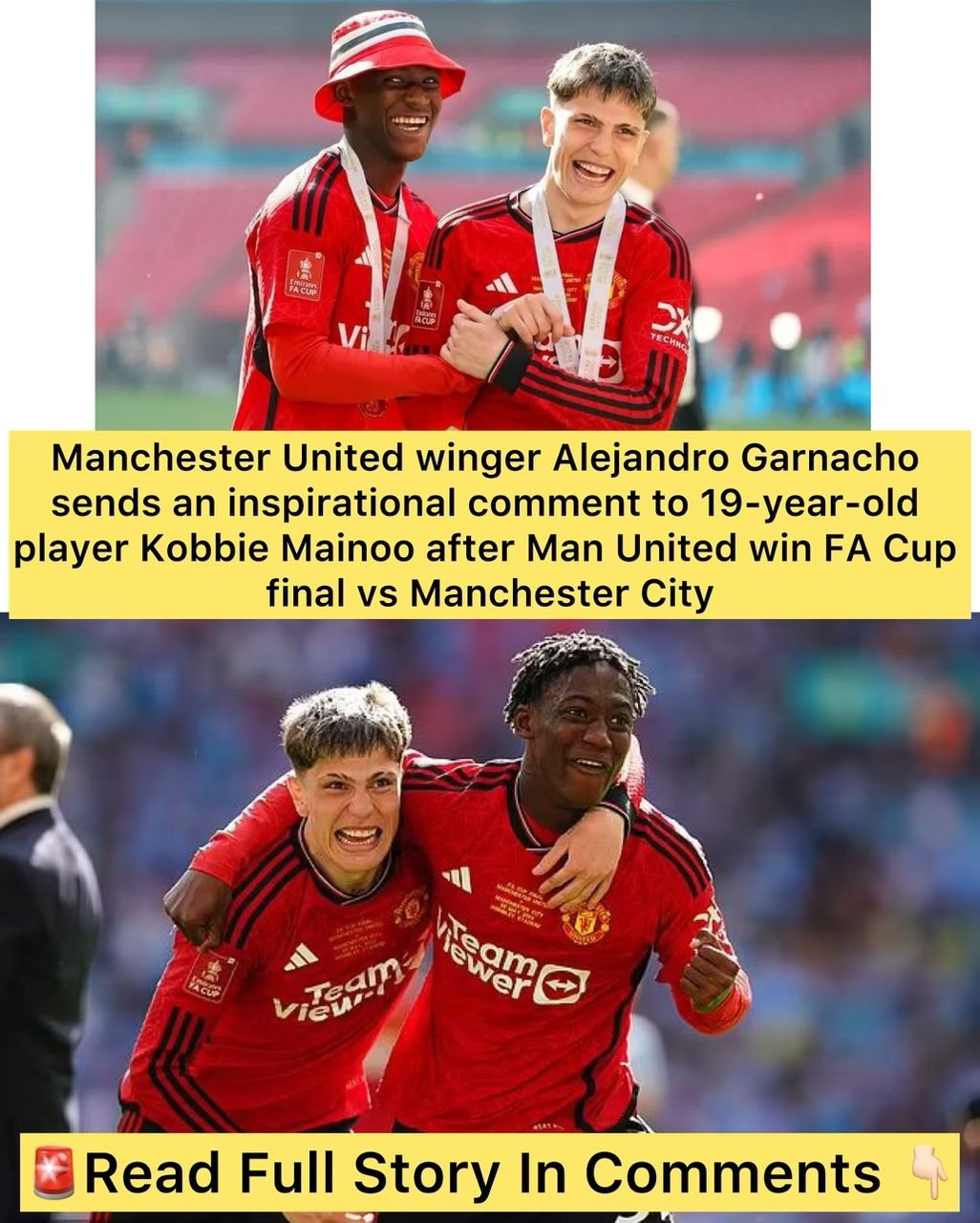 Manchester United winger Alejandro Garnacho sends an inspirational comment to 19-year-old player Kobbie Mainoo after Man United win FA Cup final vs Manchester City