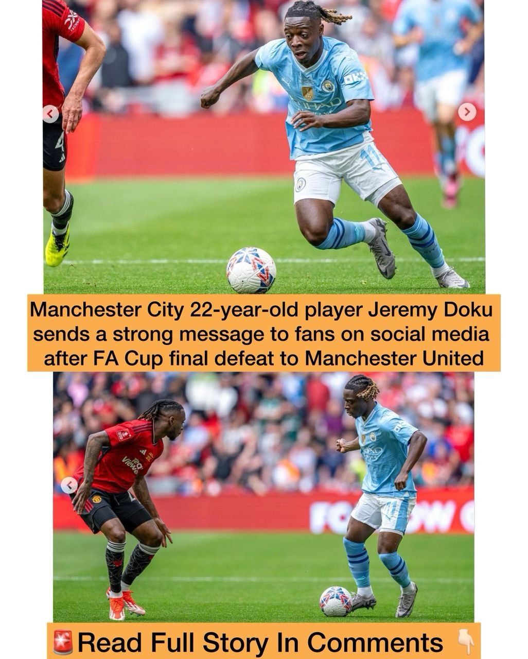 Manchester City 22-year-old player Jeremy Doku sends a strong message to fans on social media after FA Cup final defeat to Manchester United