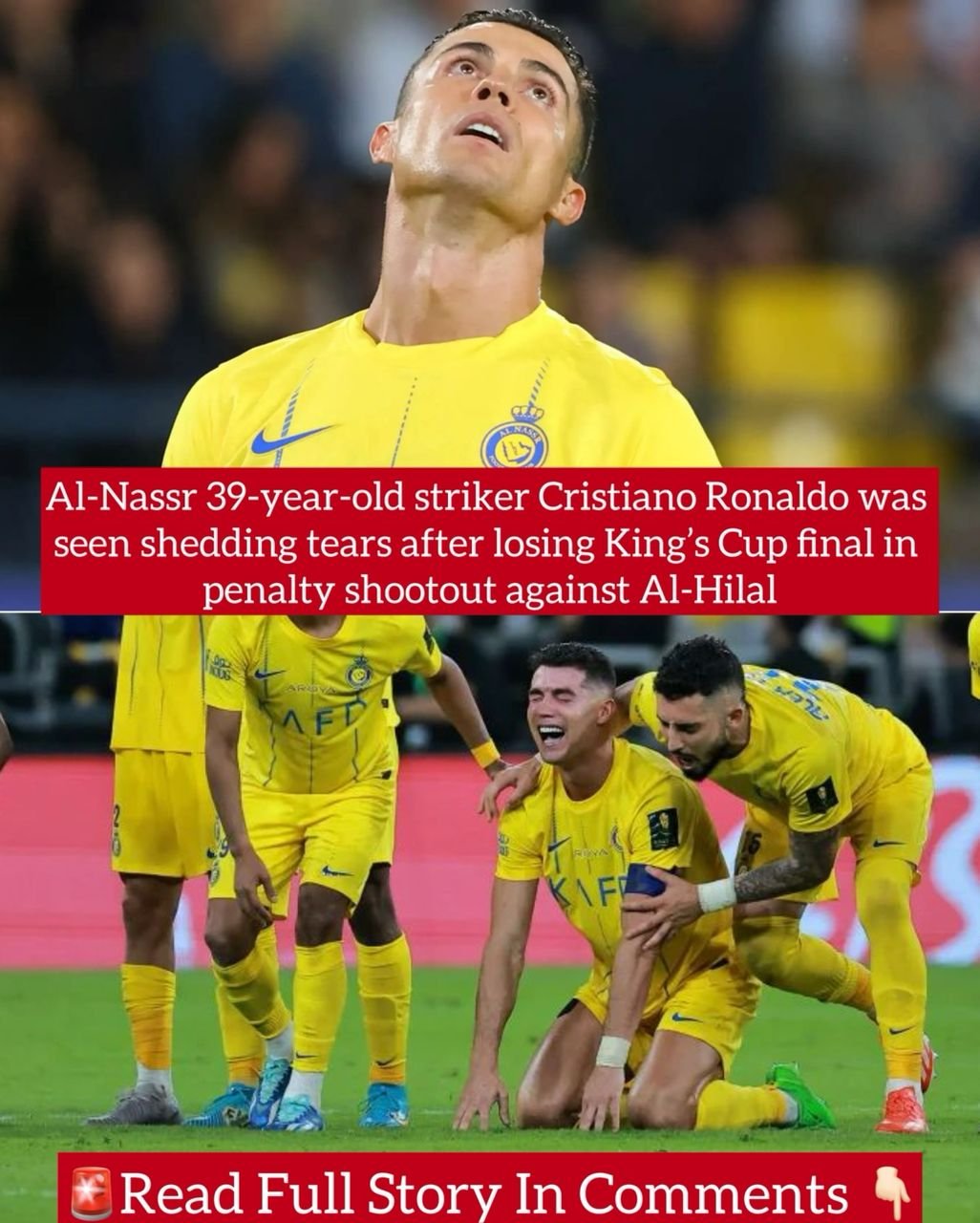Al-Nassr 39-year-old striker Cristiano Ronaldo was seen crying seriously after losing King’s Cup final in penalty shootout against Al-Hilal