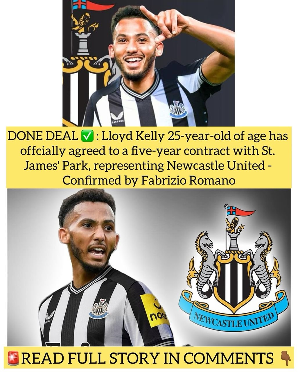 DONE DEAL: Lloyd Kelly 25-year-old of age has offcially agreed to a five-year contract with St. James' Park, representing Newcastle United - Confirmed by Fabrizio Romano