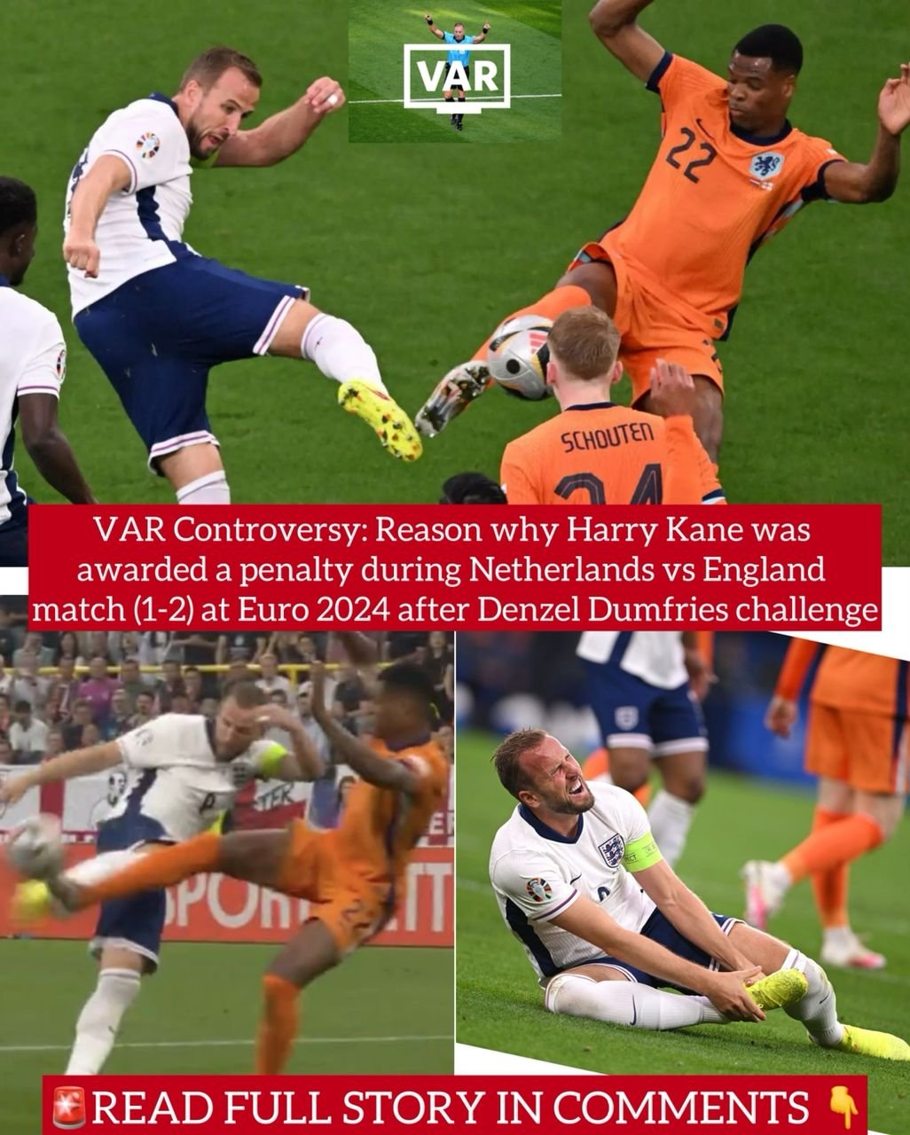 VAR Controversy: Reason why Harry Kane was awarded a penalty during Netherlands vs England match (1-2) at Euro 2024 after Denzel Dumfries challenge