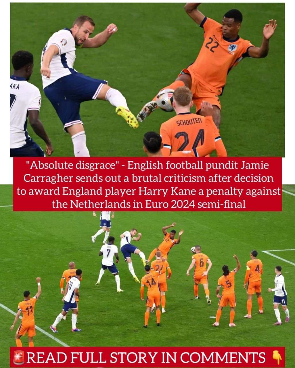 "Absolute disgrace" - English football pundit Jamie Carragher sends out a brutal criticism after decision to award England player Harry Kane a penalty against the Netherlands in Euro 2024 semi-final