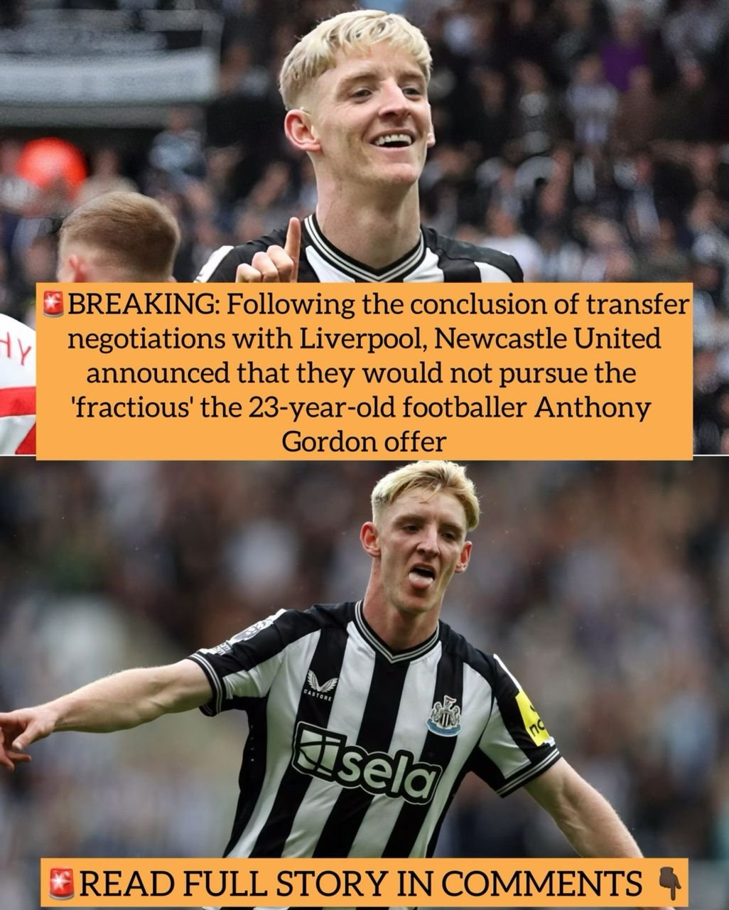 BREAKING: Following the conclusion of transfer negotiations with Liverpool, Newcastle United announced that they would not pursue the 'fractious' the 23-year-old footballer Anthony Gordon offer