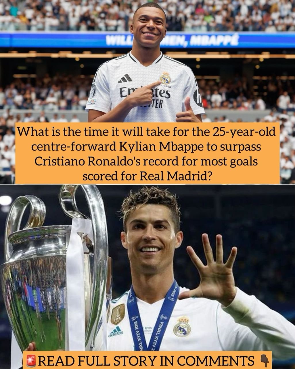 What is the time it will take for the 25-year-old centre-forward Kylian Mbappe to surpass Cristiano Ronaldo's record for most goals scored for Real Madrid?