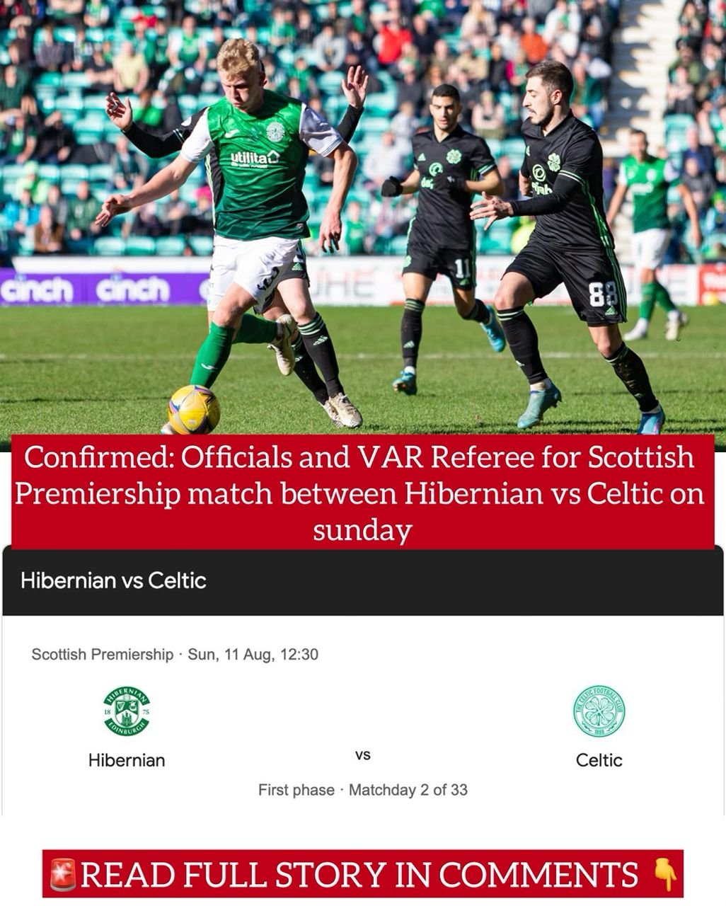 Confirmed: Officials and VAR Referee for Scottish Premiership match between Hibernian vs Celtic on sunday