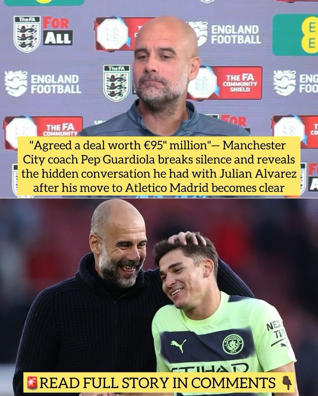 "Agreed a deal worth €95" million"— Manchester City coach Pep Guardiola breaks silence and reveals the hidden conversation he had with Julian Alvarez after his move to Atletico Madrid becomes clear