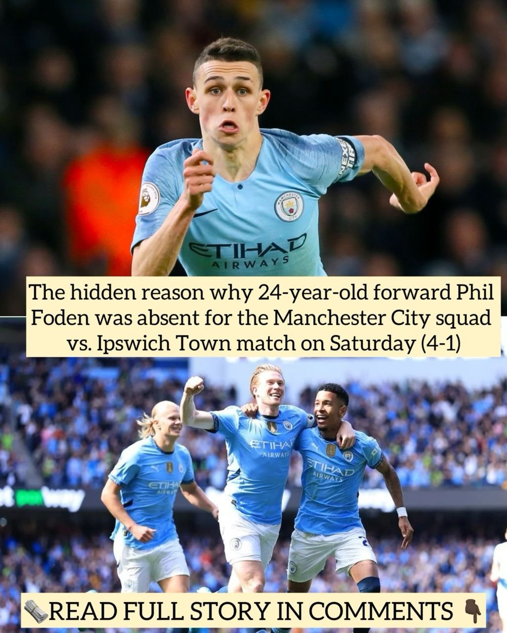 The hidden reason why 24-year-old forward Phil Foden was absent for the Manchester City squad vs. Ipswich Town match on Saturday (4-1)