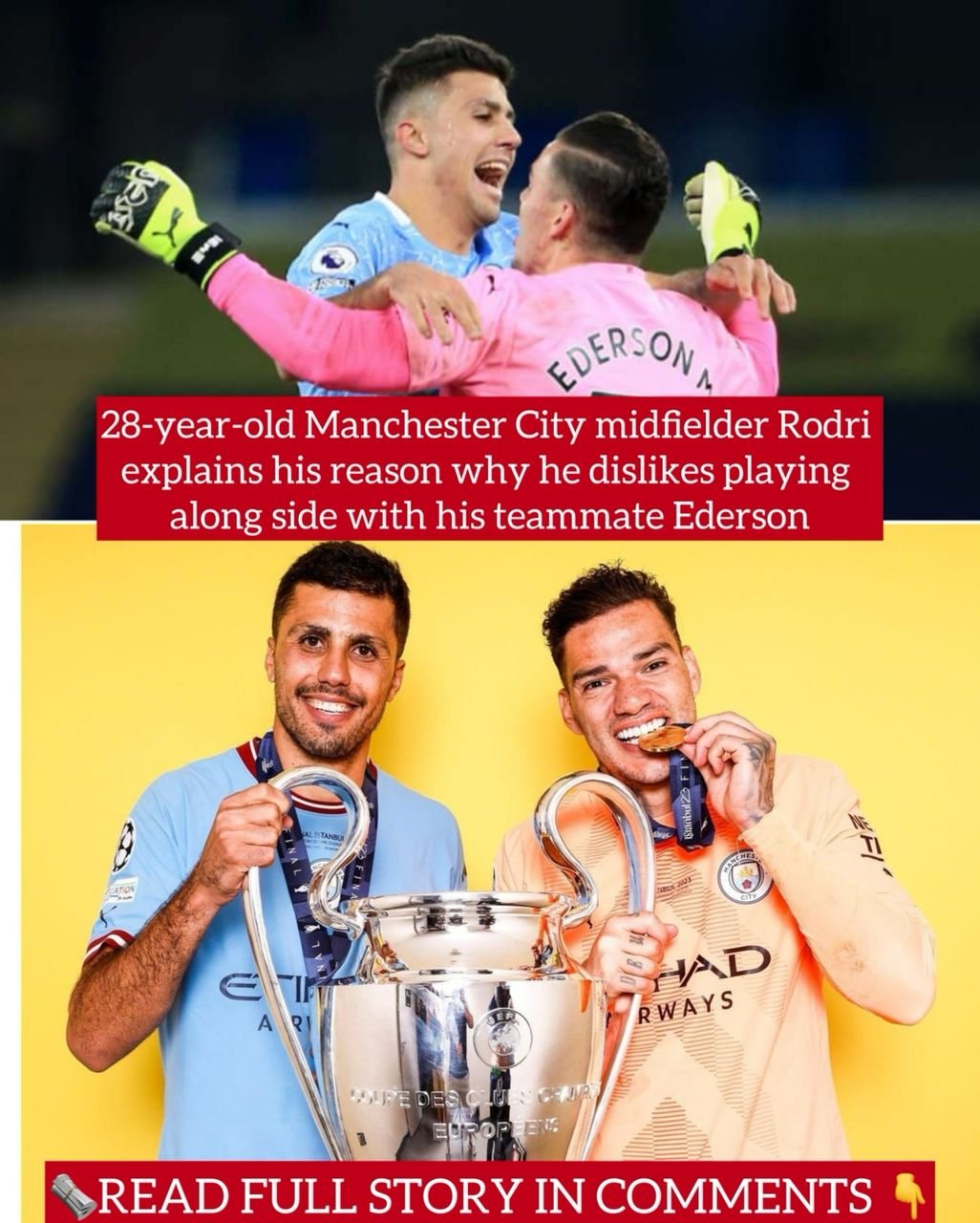 28-year-old Manchester City midfielder Rodri explains his reason why he dislikes playing along side with his teammate Ederson