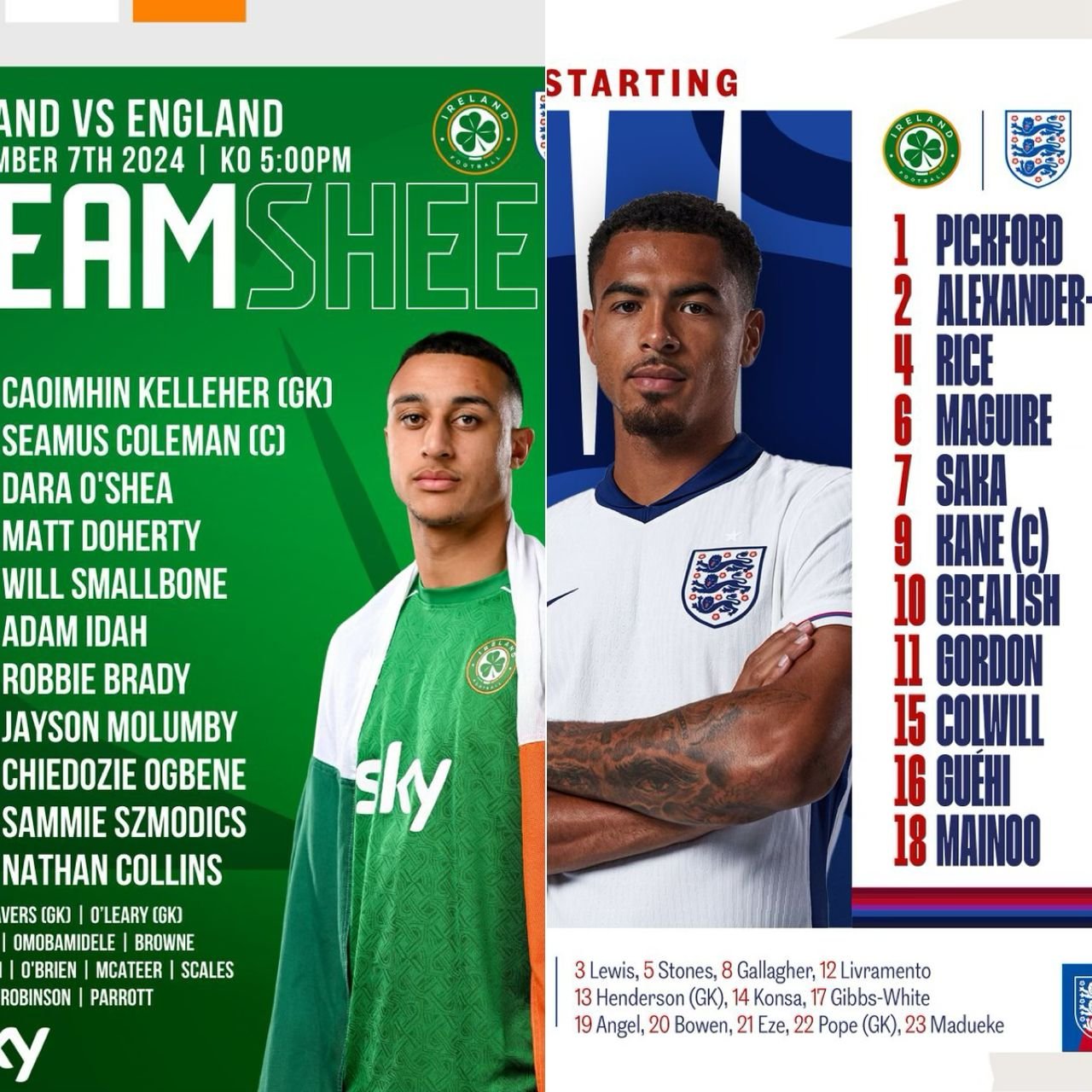 Why are Declan Rice and Jack Grealish in the starting lineup for the Ireland vs. England UEFA Nations League match today?