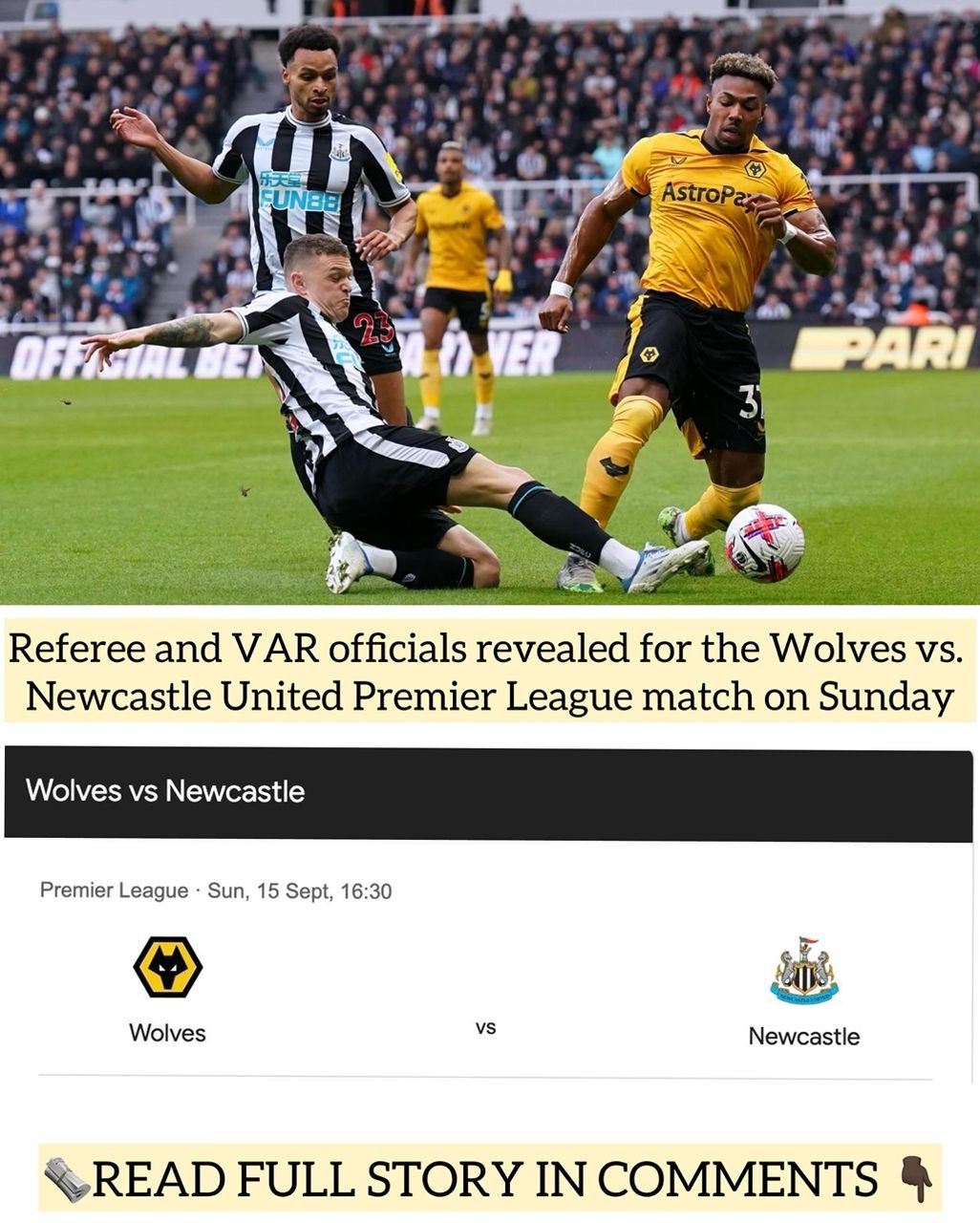 Referee and VAR officials revealed for the Wolves vs. Newcastle United Premier League match on Sunday