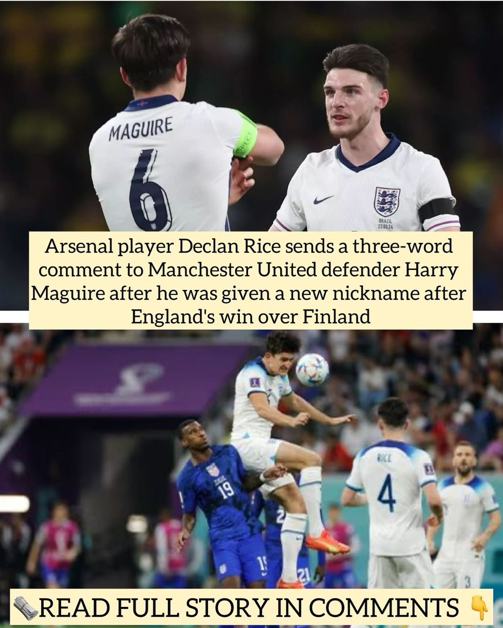 Arsenal player Declan Rice sends a three-word comment to Manchester United defender Harry Maguire after he was given a new nickname after England's win over Finland