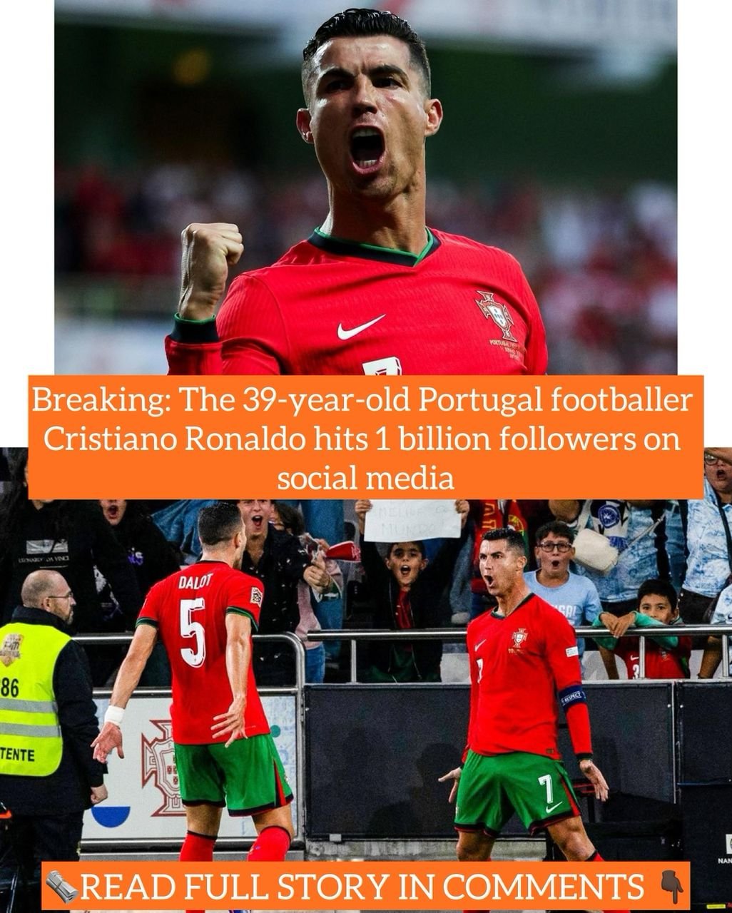 Breaking: The 39-year-old Portugal footballer Cristiano Ronaldo hits 1 billion followers on social media