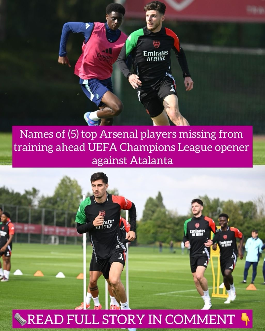 Names of (5) top Arsenal players missing from training ahead UEFA Champions League opener against Atalanta