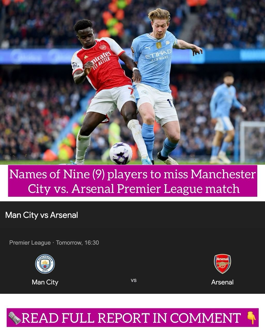 Names of Nine (9) players to miss Manchester City vs. Arsenal Premier League match