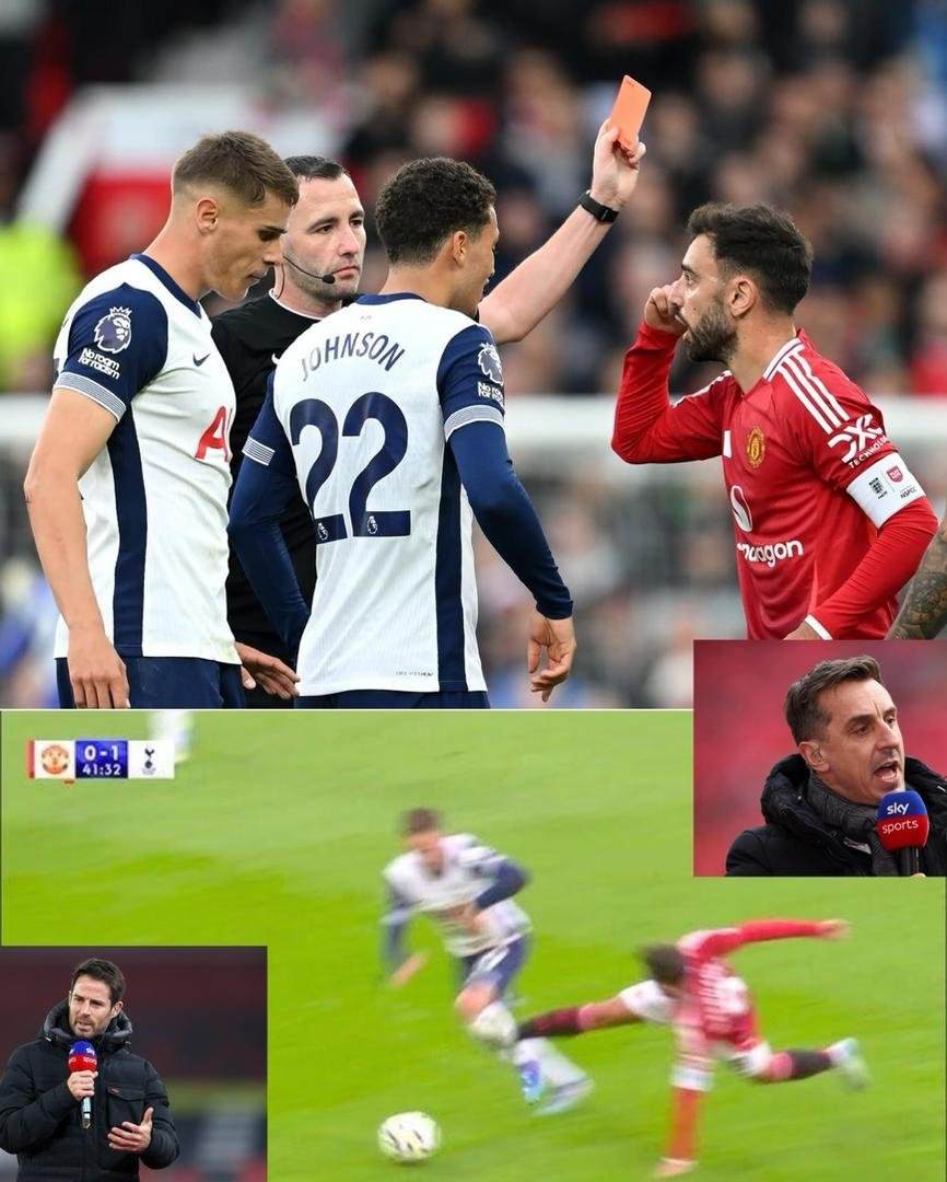 Both pundit Gary Neville and Jamie Redknapp deliver their verdict over Bruno Fernandes red card incident during their match defeat against Tottenham Hotspur.