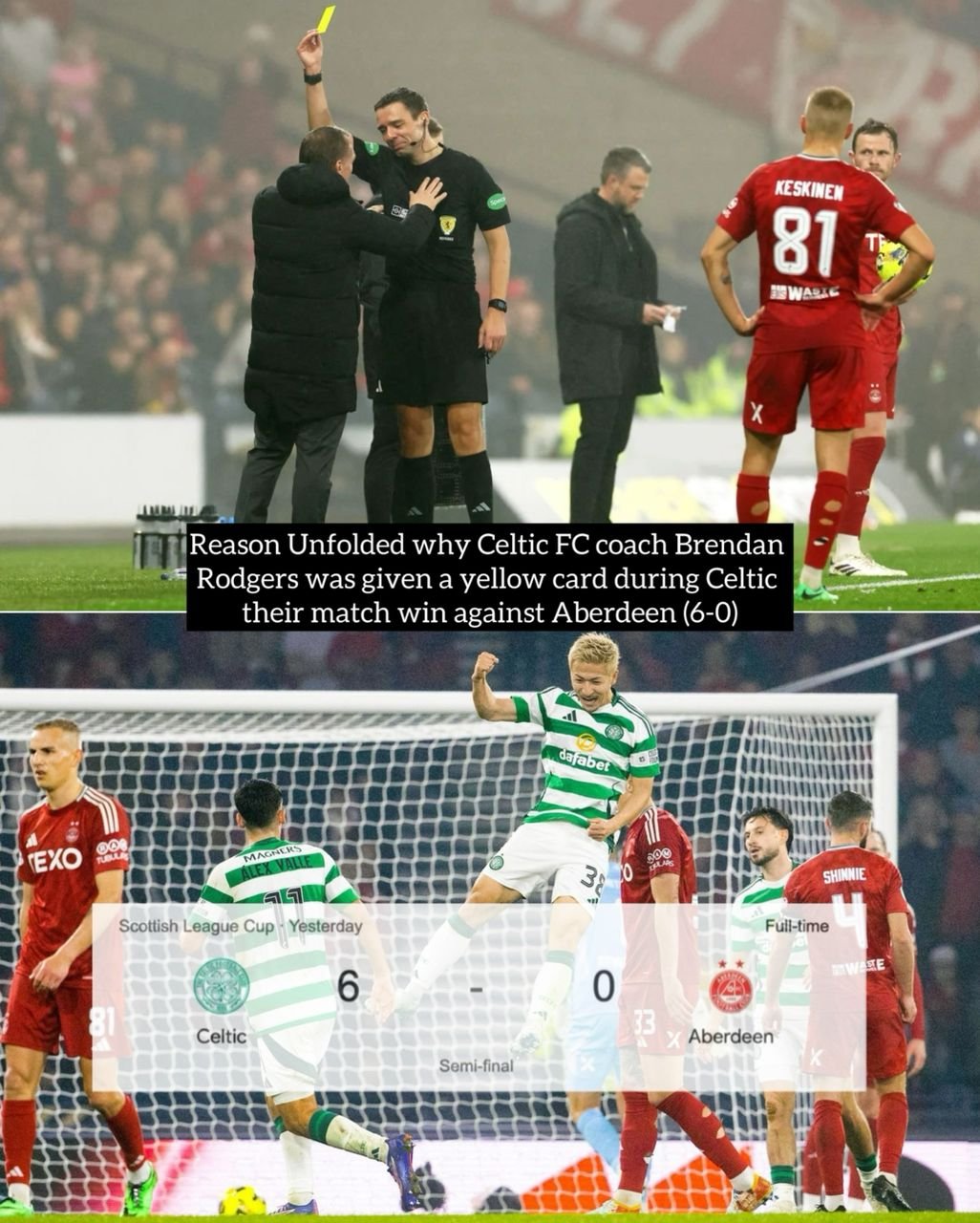 Reason Unfolded why Celtic FC coach Brendan Rodgers was given a yellow card during Celtic their match win against Aberdeen (6-0)