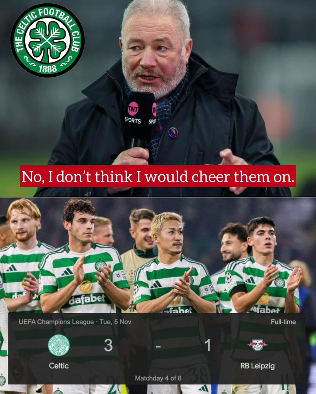 "I will never back them because," - Ally McCoist, a former Rangers striker and TNT Sports pundit, expressed his dissatisfaction with Celtic's 3-1 victory over RB Leipzig. He also disclosed the reason why he would never support Celtic, even if it was advantageous to Rangers