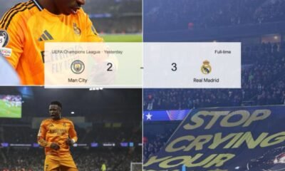 Real Madrid player Vinicius Jr reacts and fired back revenge message to Manchester City fans after mocking banner display as there win their UEFA Champions League match against Man City