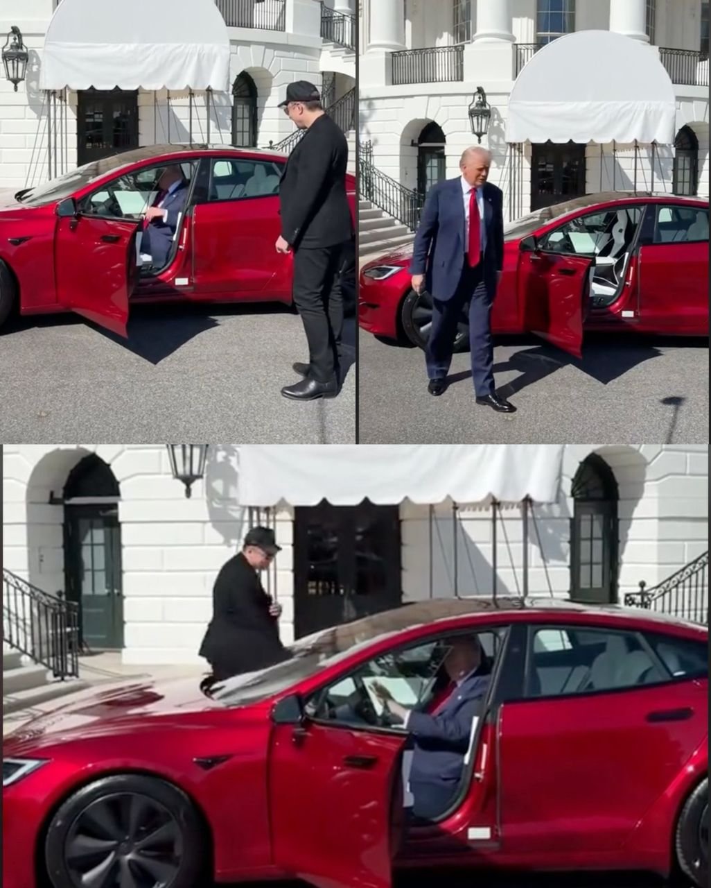 US President Donald Trump shows of his awesome new Tesla he bought to support Senior Advisor to the President of the United States Elon Musk