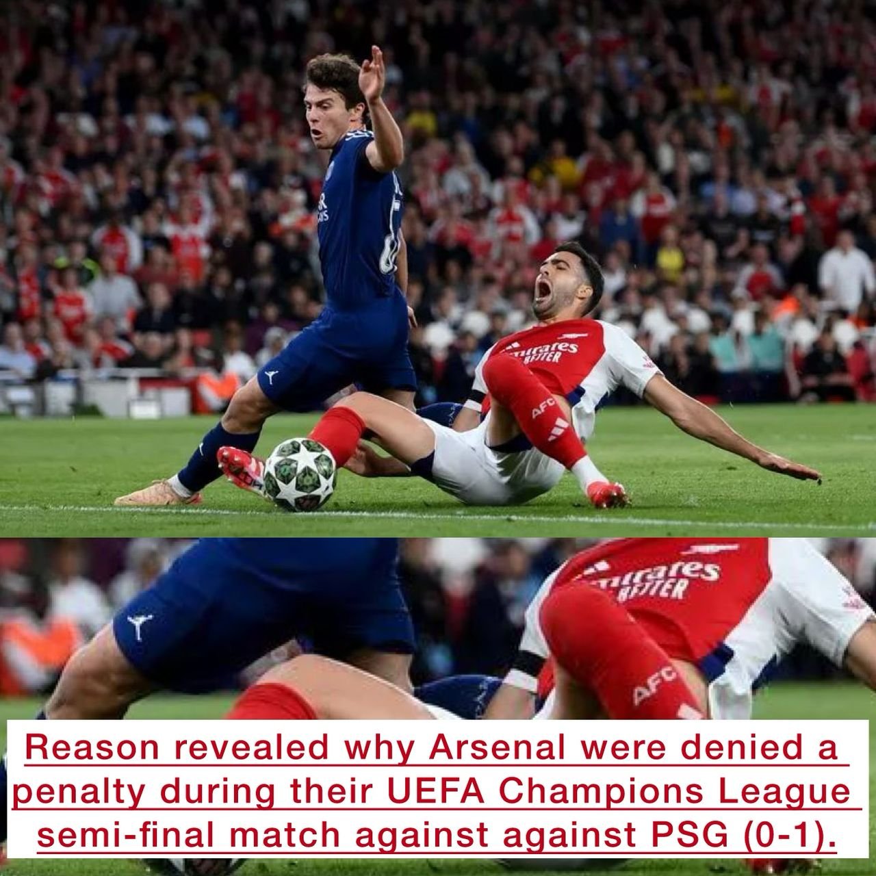 Reason revealed why Arsenal were denied a penalty during their UEFA Champions League semi-final match against PSG in the first half