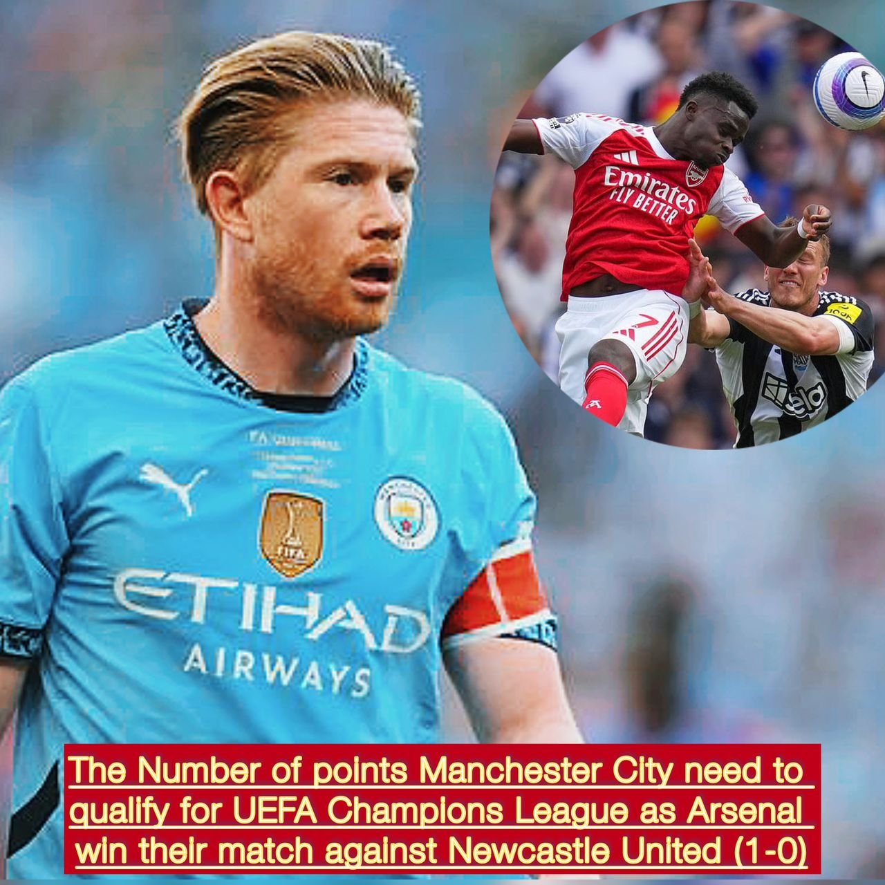 The Number of points Manchester City need to qualify for UEFA Champions League as Arsenal win their match against Newcastle United (1-0)