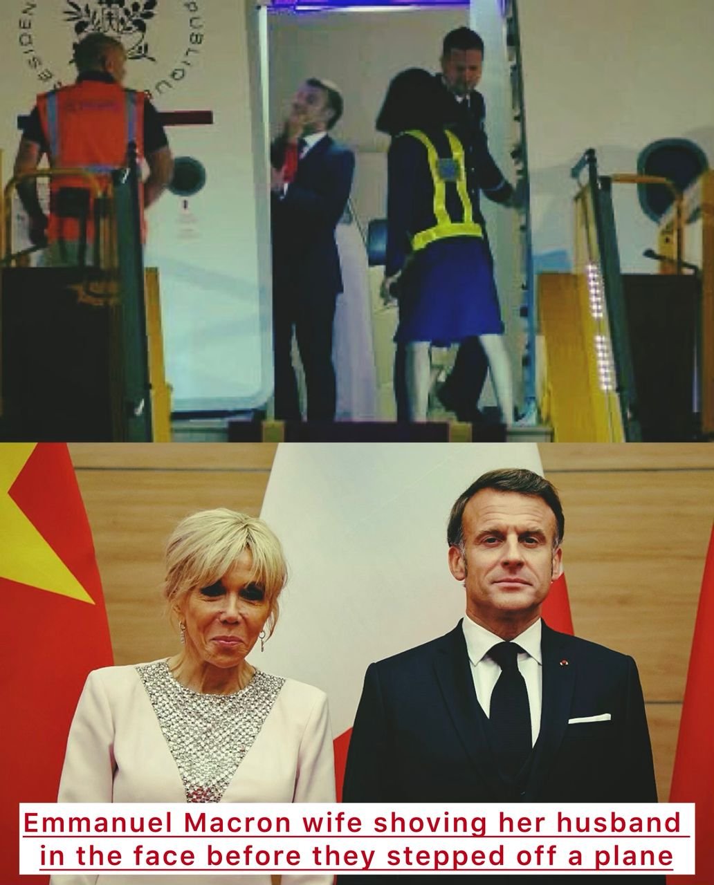 Emmanuel Macron maintains that the two were merely joking, despite the fact that cameras captured French first lady Brigitte Macron shoving her husband in the face before they stepped off an aircraft