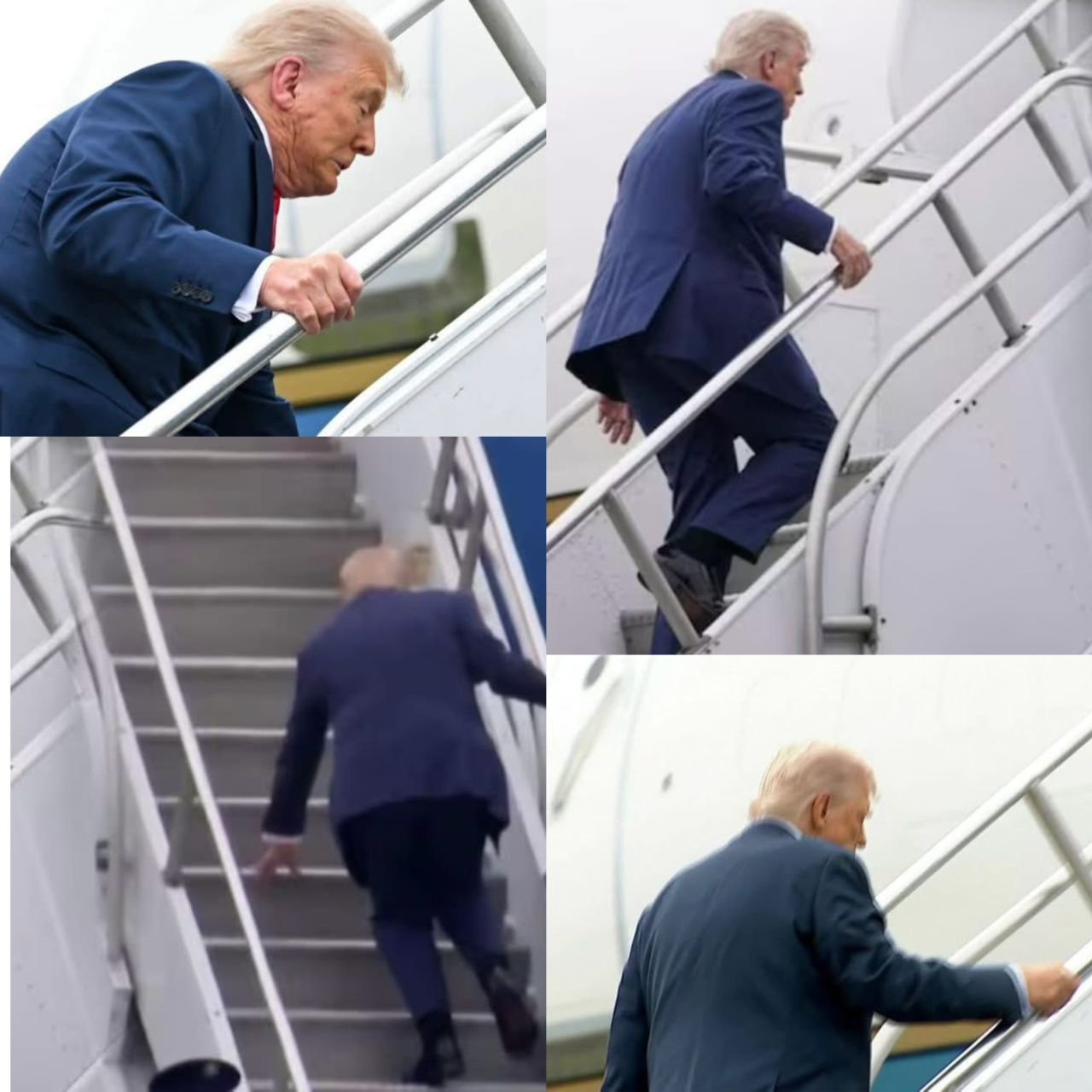 President Donald Trump stumbles as he ascends the stairs of Air Force One