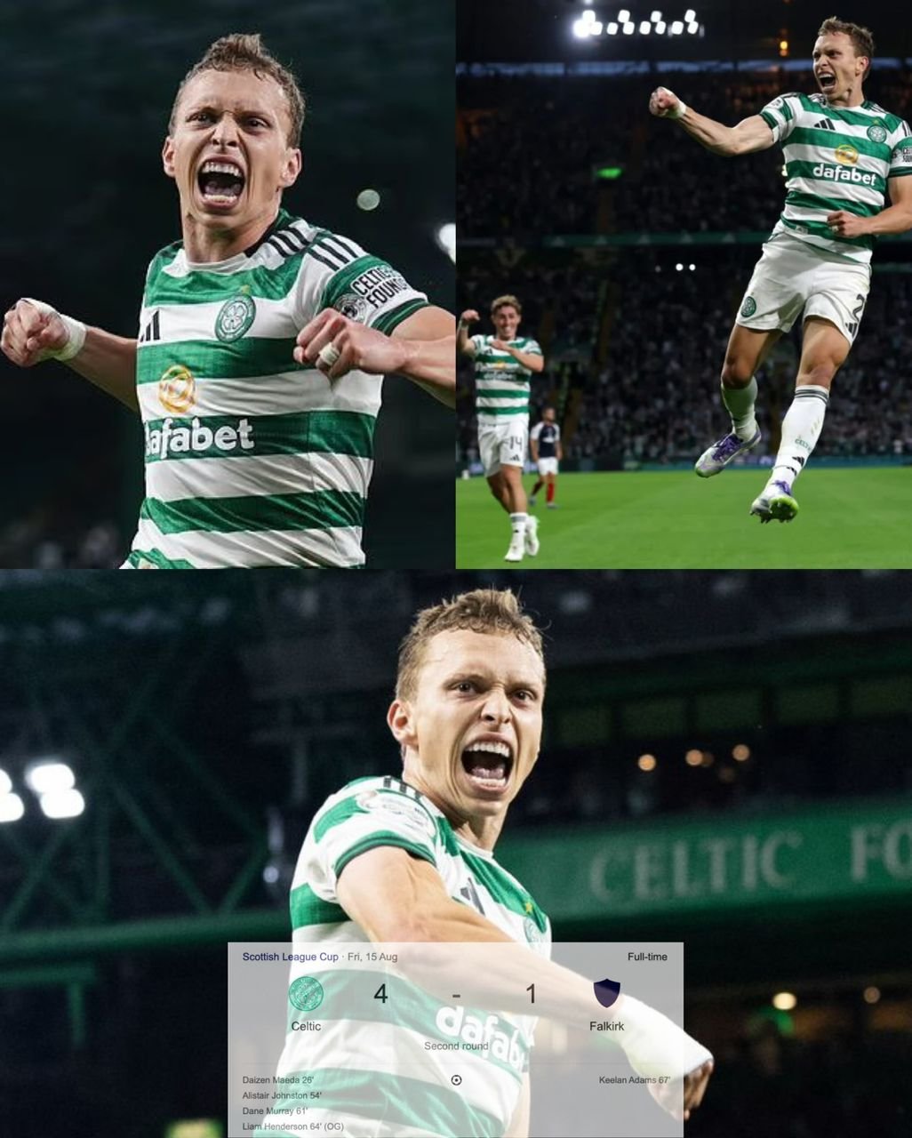 "What a finish that is!" Celtic F.C. Defender Alistair Johnston reacts and speaks about his goal vs. Falkirk on friday and how he felt playing against former Hoops goalkeeper Scott Bain