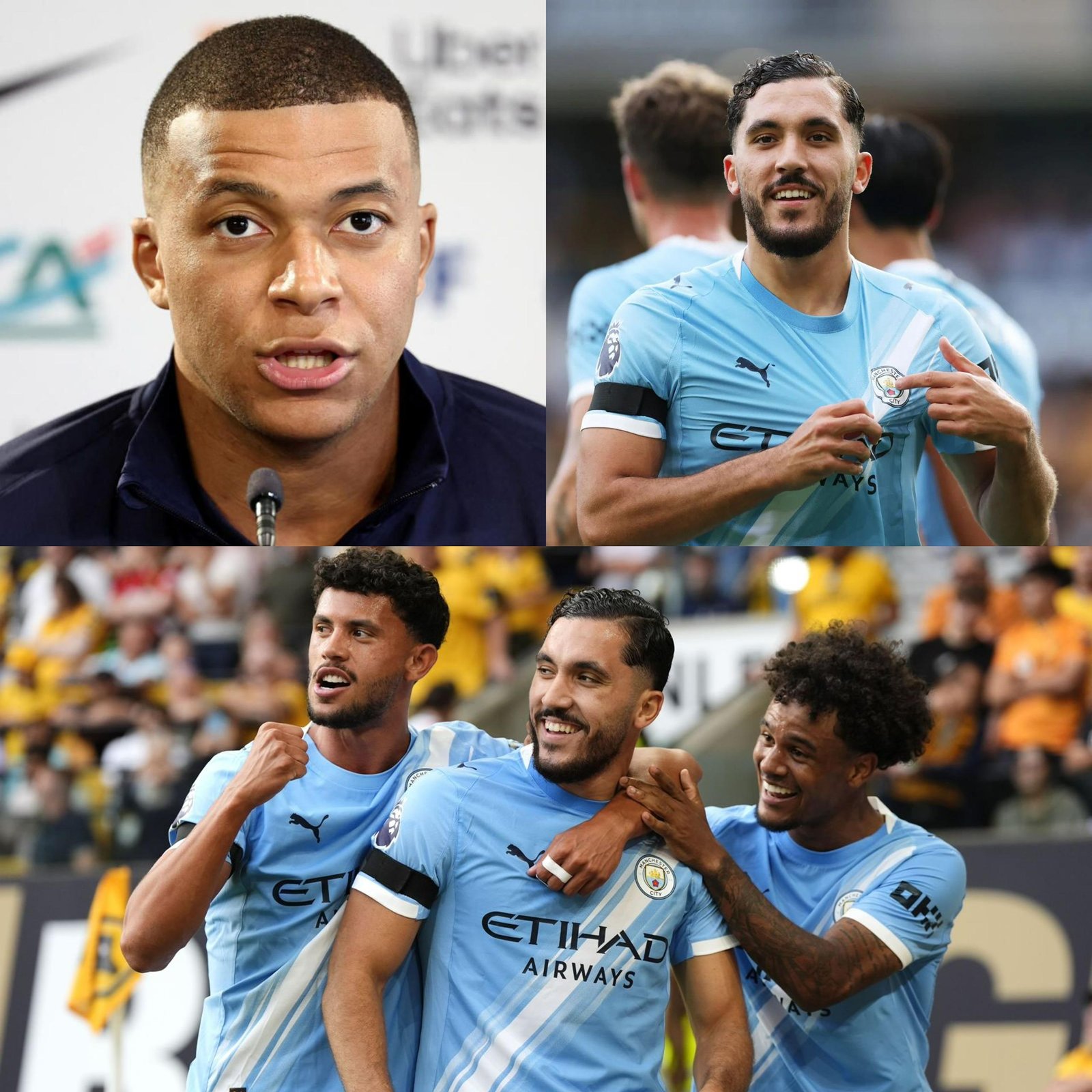 Real Madrid player Kylian Mbappe sends a message of praise to the 22-year-old midfielder Rayan Cherki after his first goal for Manchester City