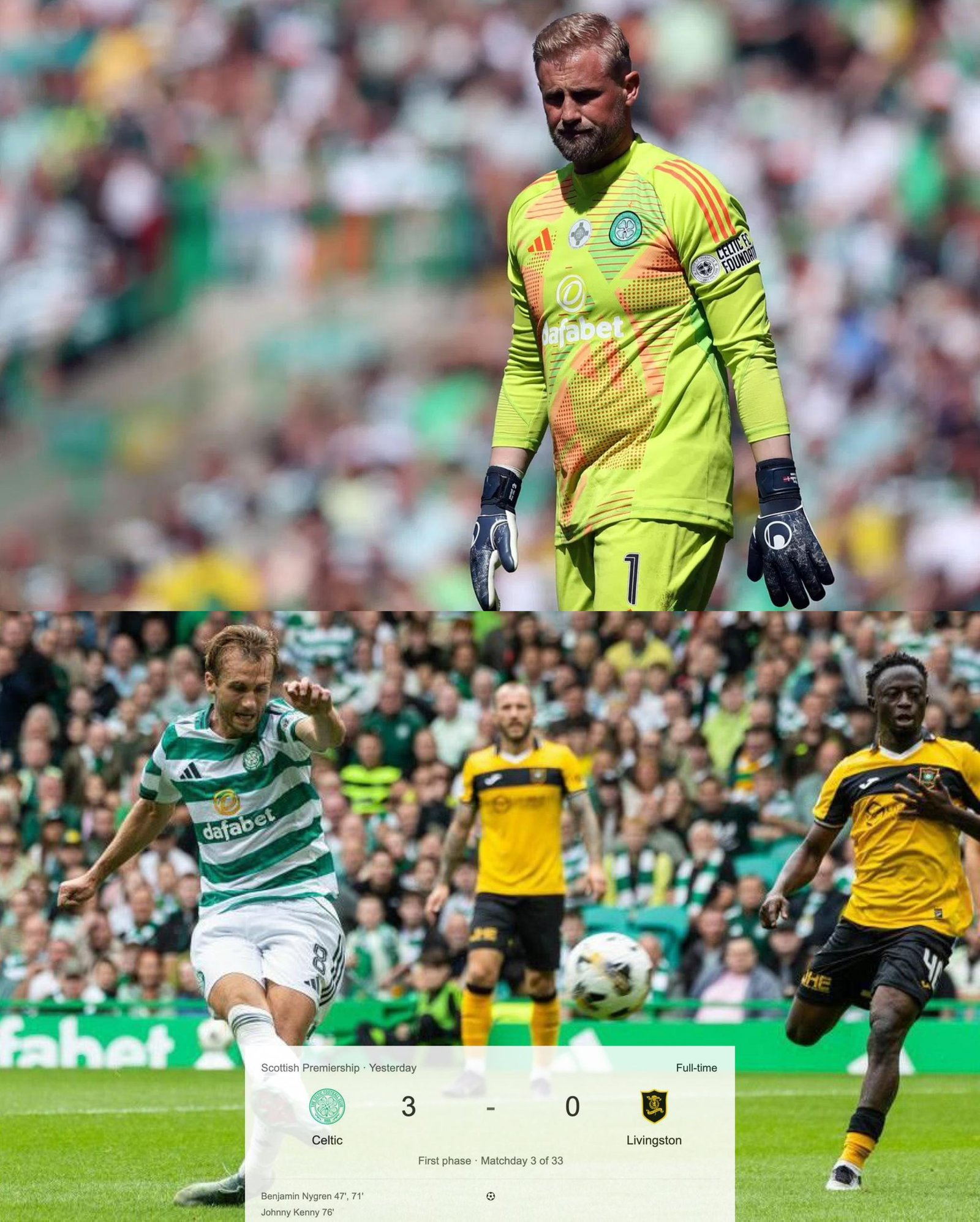 "Hard fought win but great character and togetherness" Celtic F.C. goalkeeper Kasper Schmeichel sends out a message to boost fans After their 3- 0 match win against Livingston