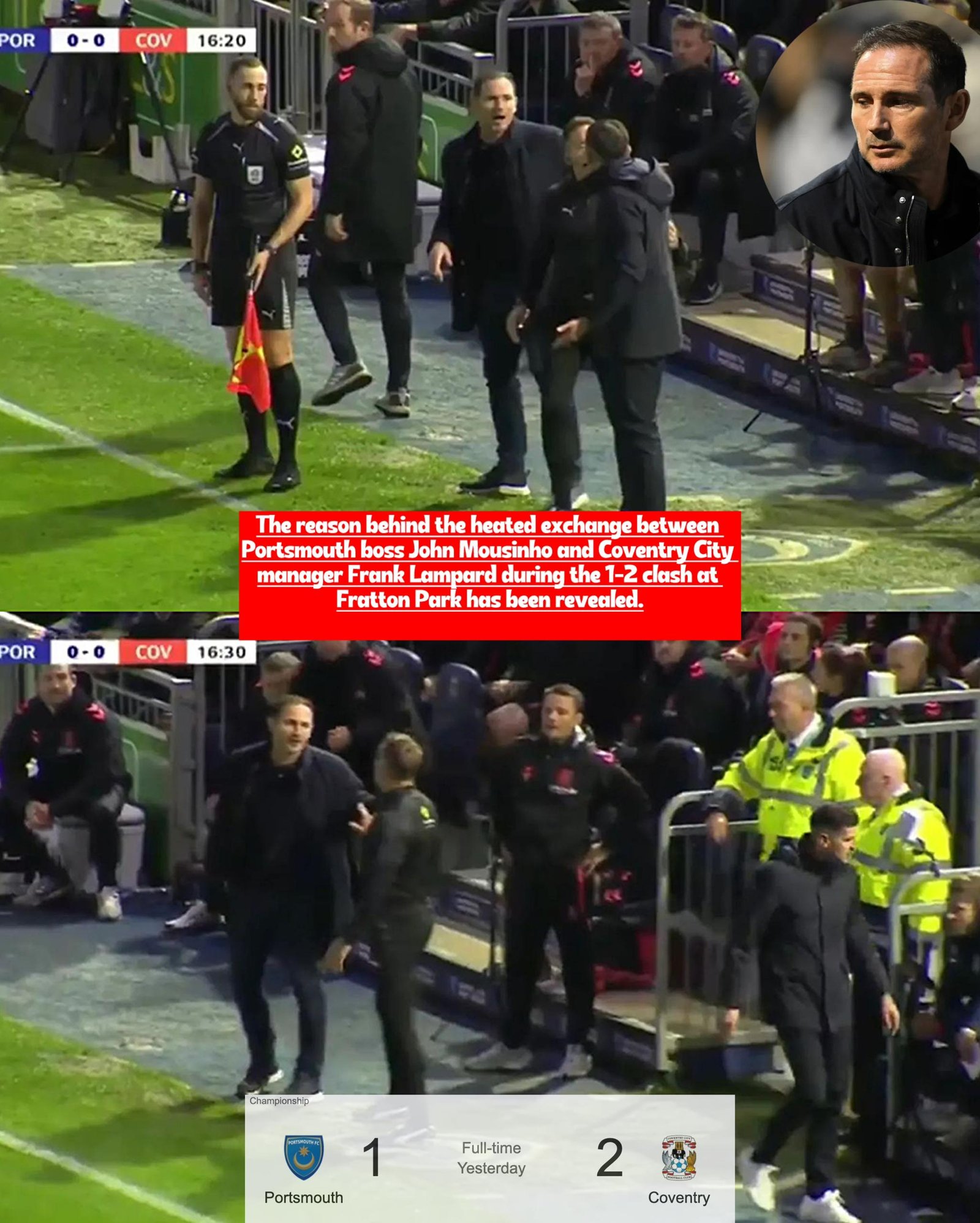 Reason why Portsmouth coach John Mousinho and Frank Lampard was furious with each other during Portsmouth vs. Coventry City match(1-2)